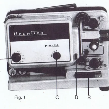 An electronic device, Heurtier P6-24 Silent Projector, with labeled parts, reminiscent of old-fashioned technology.